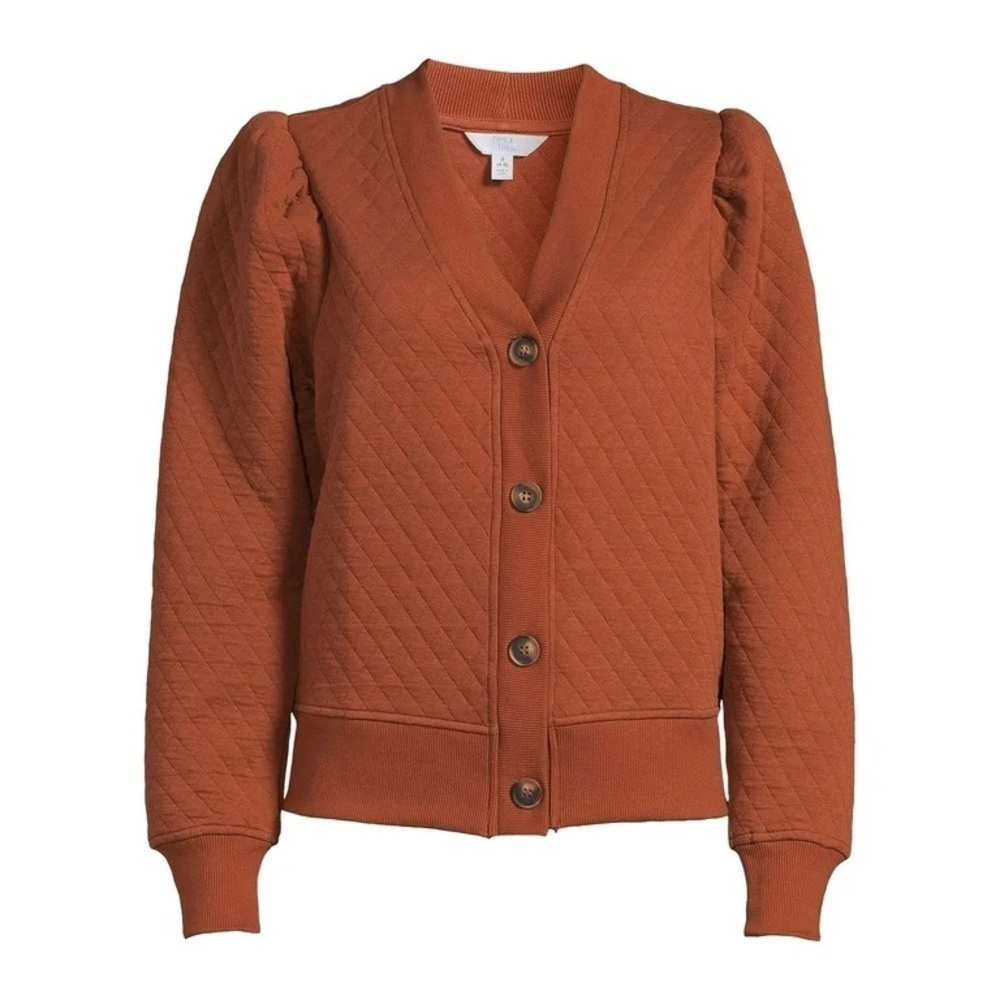 Time and True Coordinating Quilted Puff Sleeve Cardigan Sweater Orange Medium - Picture 10 of 10